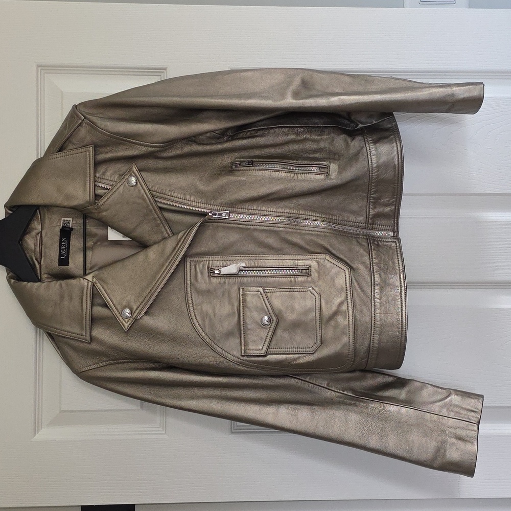 Lauren Ralph Lauren Metallic Antique Pewter Women's Moto Jacket